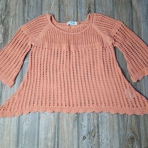Simply Noelle Peach Knit Crochet Bell Sleeve Flowy Sweater Top